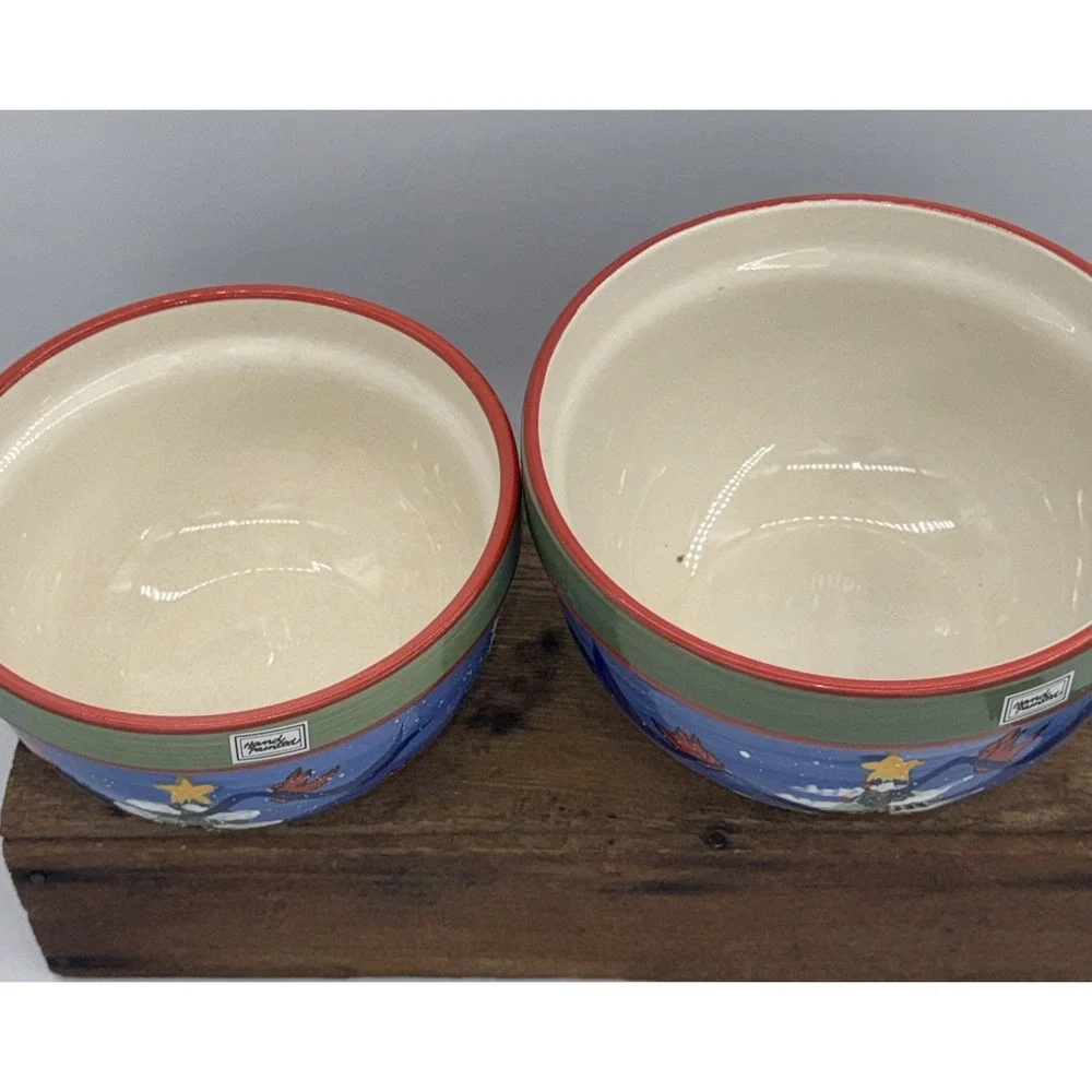 Mixing Serving Bowls Set of 2 Hand Painted‎ Christmas Tree Cardinal Stoneware